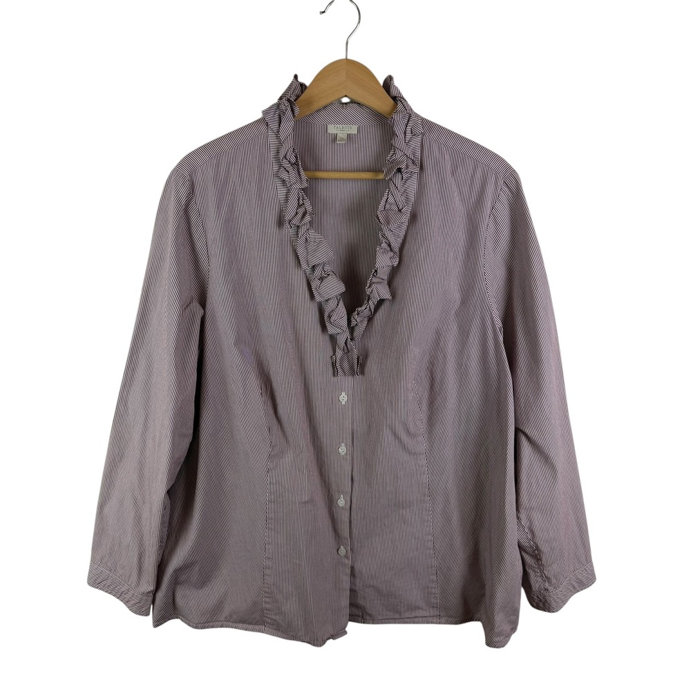 Talbots Ruffle‎ Neck Burgundy Striped Button Up Shirt Size 2X Lightweight Office